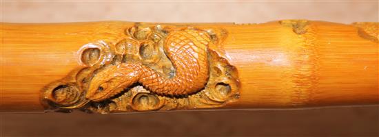 A Japanese carved bamboo walking stick, 36in.